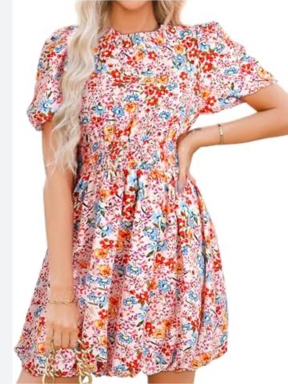 Floral Puff-Sleeve Summer Dress in Pink